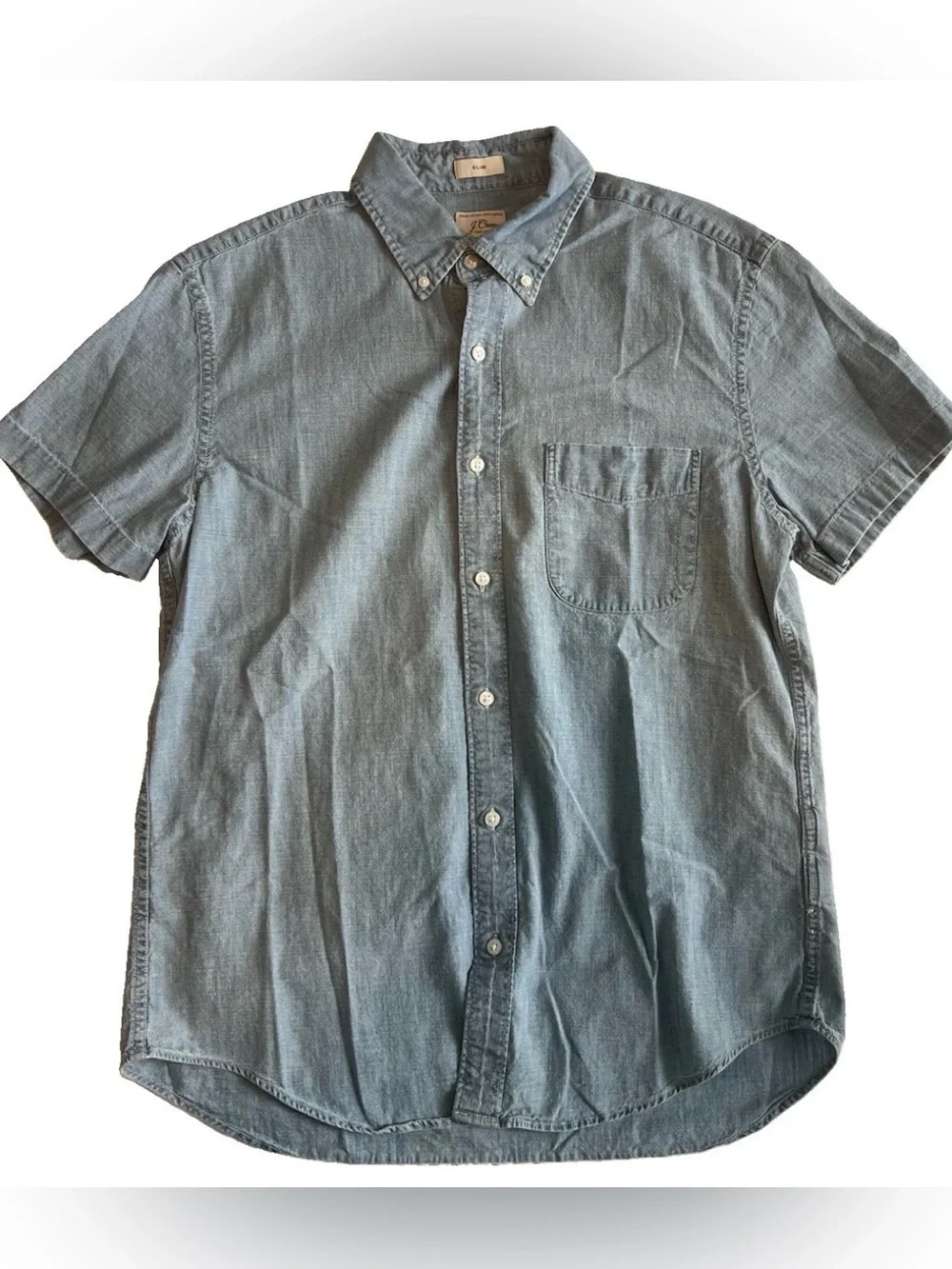 J Crew Shirt Mens Medium Slim Fit Blue Chambray Short Sleeve Button Down Denim